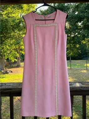 Vintage 1960s Roland Made in Italy Pink Sheath Dress-Square Neck Ivory Pearl Tri